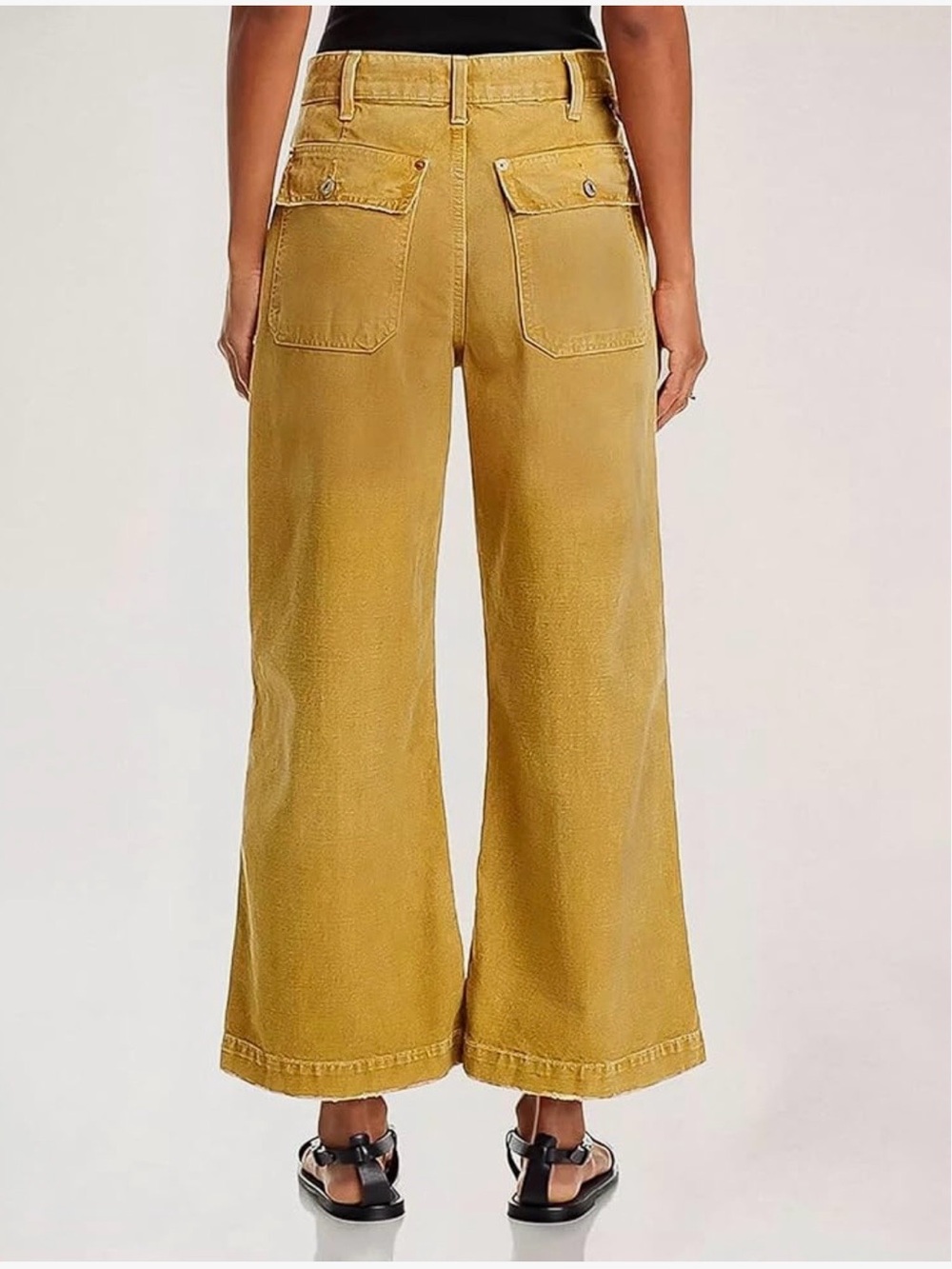 Flamingals Wide Leg Flap Pocket Mid Waist Cropped Pants Yellow - Picture 3 of 8